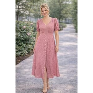 River Island Pink Midi Dress with Puff Sleeves - US Size 2 - UK Size 6